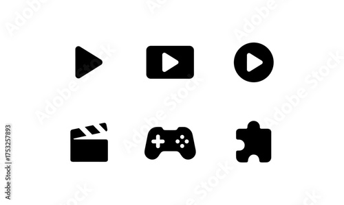 Minimalist media play buttons and game icons set for user interfaces