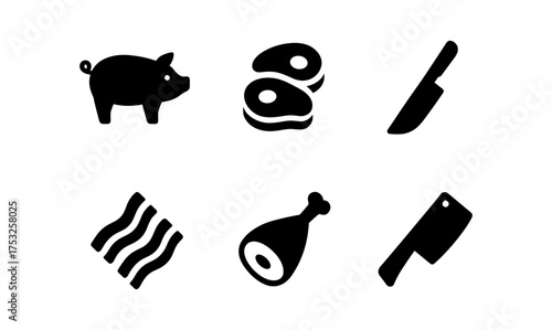 Silhouette icons of pork, bacon, and kitchen tools for culinary design