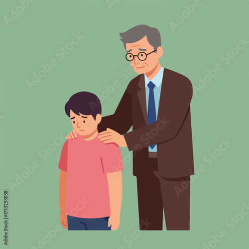 An elder reassures a sad young boy, placing a comforting hand on his shoulder