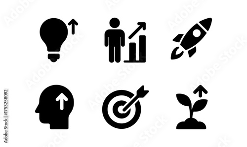 Set of growth and success icons: lightbulb, rocket, target, and more