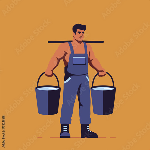 Muscular man in overalls carries water buckets balanced on a pole