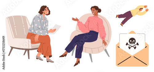 Two women discuss in armchairs, distant hacker figure symbolizes cyber threats, and an email envelope with a skull portrays malware warnings. Ideal for cybersecurity, digital safety, threat