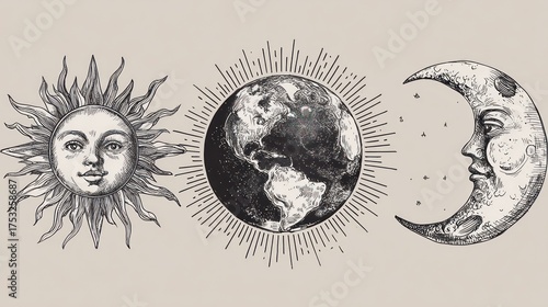 Mystical Cosmic Alignment: Sun, Earth, and Moon in Antique Engraving Style