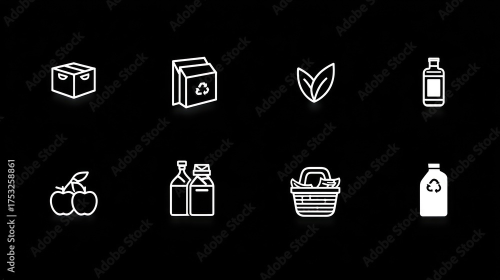 Fototapeta premium Minimalist White Icons of Grocery and Recycling Symbols on Black Background