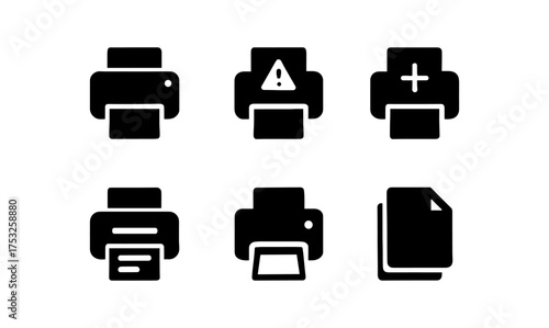 Printer icon set featuring various functions in simple silhouette style