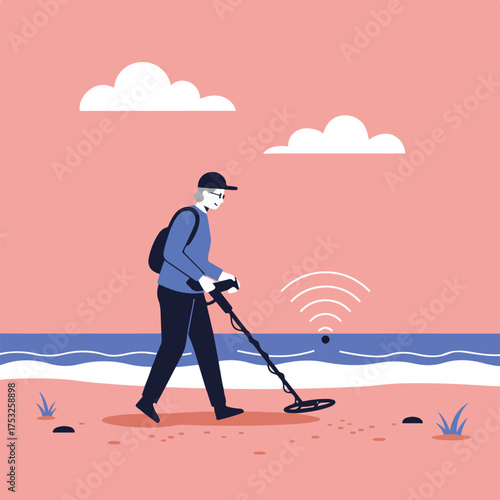Person with metal detector searching the beach for treasures