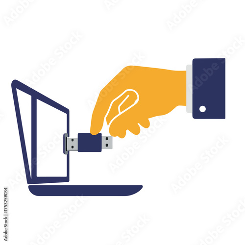 Hand inserts USB drive into laptop for data transfer