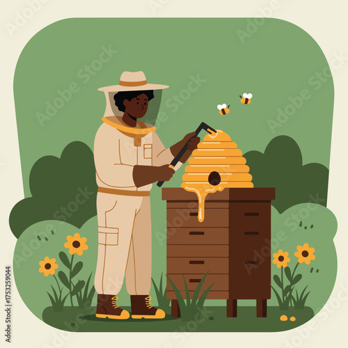 Beekeeper tending to a hive in a field