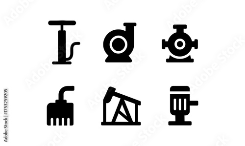 Industrial icons set: pump, machinery, and oil derrick silhouettes