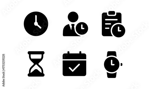 Time management icons: clock, person, checklist, hourglass, calendar, watch