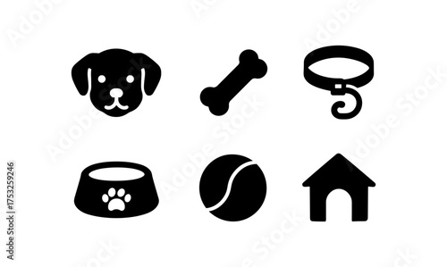 Silhouette pet icons: dog face, bone, collar, bowl, ball, doghouse