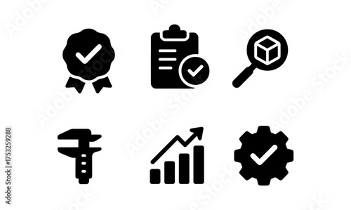 Quality assurance icons: verification, analysis, and performance tracking