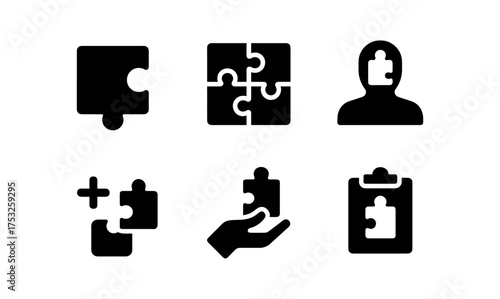 Puzzle piece icon set: minimalist silhouette designs for teamwork and problem solving