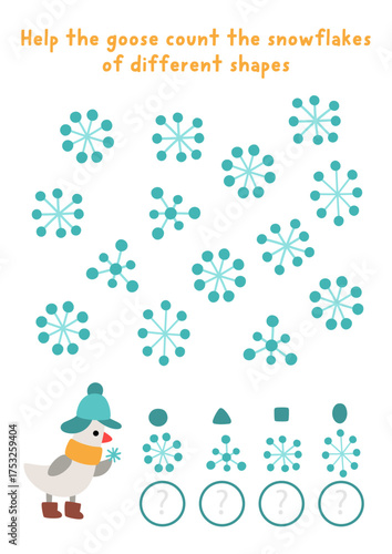 Christmas I spy game. Searching, counting, shape recognition activity with goose and snowflakes. New Year printable worksheet for preschool kids. Winter holiday spotting puzzle