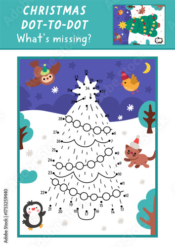 Christmas vector dot-to-dot and color activity with cute decorated fir tree, colored winter snowy scene. New Year connect the dots game for children with. What is missing printable worksheet