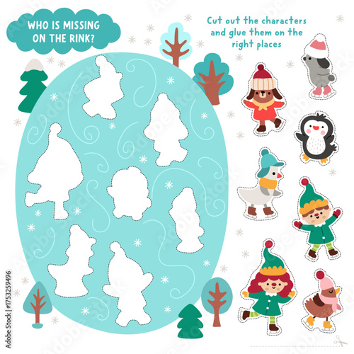 Vector Christmas cut and glue activity. Crafting game with ice rink, skating animals, snowy winter landscape. New Year printable worksheet. Find right piece of the puzzle. Complete picture