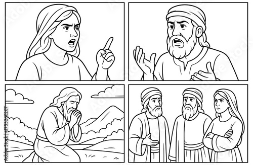 Moses' prayer scene with figures in dialogue and landscape background for religious education and teaching materials