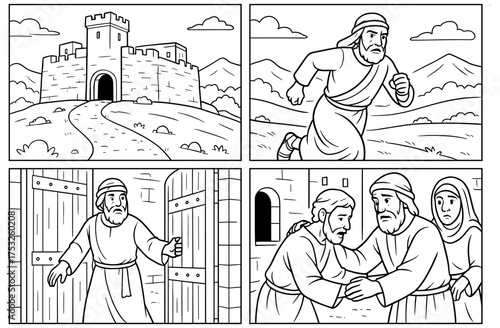 Biblical refuge scene depicting safety and compassion in simple style for faith-based designs