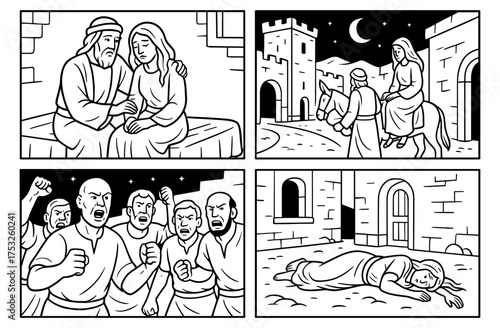 Biblical comic panels depicting historical scenes for educational and inspirational design