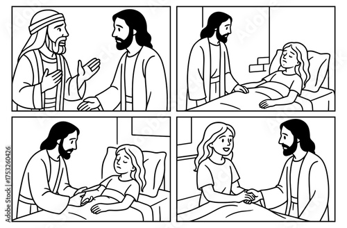 Healing of jairus' daughter depicted in simple black and white comic strip style for educational or inspirational use