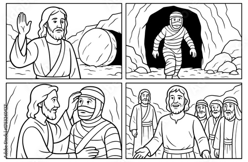 Biblical story of lazarus awakening illustrated in four panels for educational and religious material