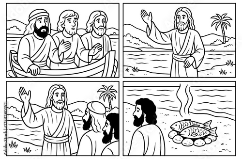 Risen christ's shore visit with apostles and fish breakfast scene for religious art