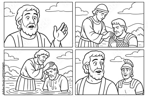 Cornelius baptism panels scene for religious education and coloring activity