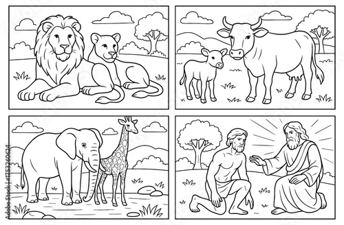 Day six creation theme with animals and human figures for educational use