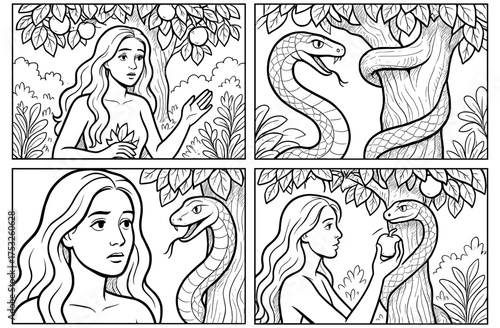 Eve's temptation story panels featuring serpent and apple in garden of eden