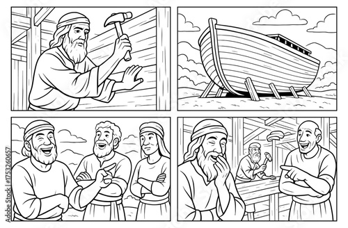 Comic panels depicting noah's ark construction with characters in humorous scenes