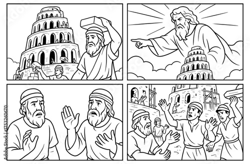 Comic style depiction of the tower of babel scene for educational and religious storytelling