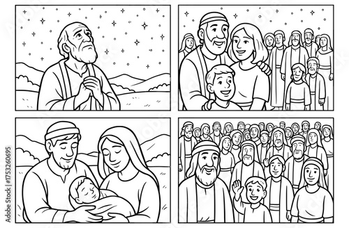 Abraham's covenant comic panels depicting family promise and community with simple design for faith-based narratives
