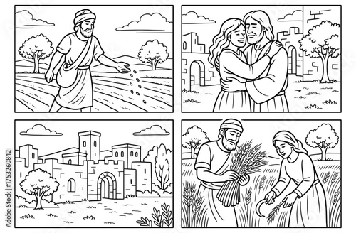 Biblical comic panels featuring parables and scenes for inspirational storytelling and educational design