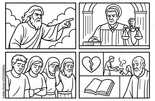 Divine allegation panels depicting judgment and justice with emotional family scenes