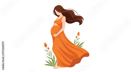 Beautiful pregnant woman in an orange dress with long flowing hair and flowers around her.