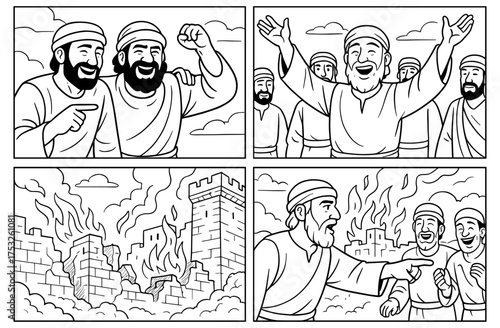 Joyful celebration with friends depicted in comic panels