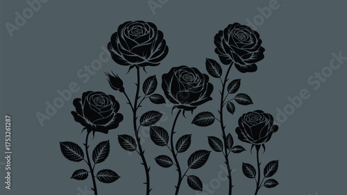 Elegant black rose blossoms with delicate leaves make a stunning botanical design, perfect for backgrounds, stationery, and sophisticated creative projects.