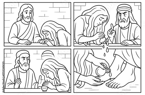 Biblical anointing comic scene depicting spiritual ritual for religious education or storytelling