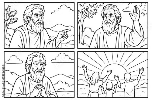 Prophet elijah story panels with simple composition for spiritual artwork and religious education