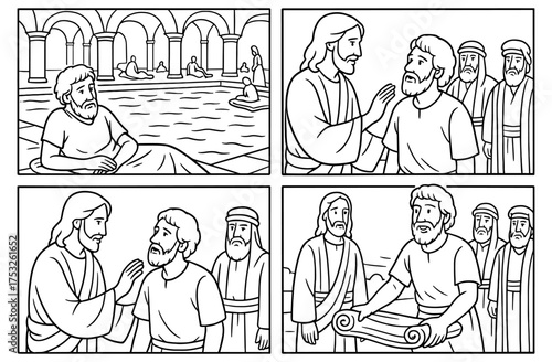 Biblical scene of healing at bethesda with jesus and the paralyzed man for religious education and faith inspiration