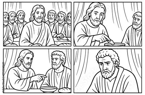 Depiction of a biblical betrayal scene with simple composition for educational and religious use