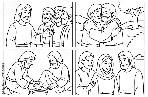 Comic style love commandment: simple scenes of compassion and unity in line art for inspirational design