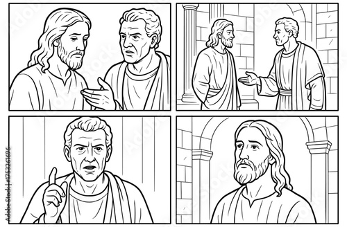 Biblical comic panels depicting conversations in ancient setting for religious education
