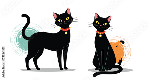 Two black cats with yellow eyes and red collars stand on a white background.