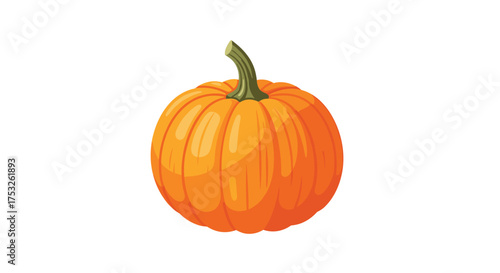 A ripe orange pumpkin with a green stem sits on a white background ready for harvest.