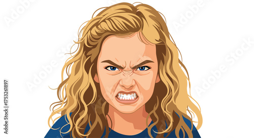 Pixel art of a young girl with an angry expression and gritted teeth.