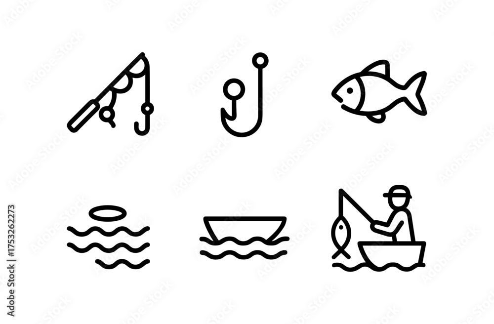 Obraz premium Simple line art fishing icons collection featuring boat and fish illustrations