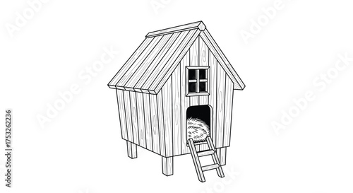An illustration of a small wooden house on stilts with a ladder leading to an open doorway.