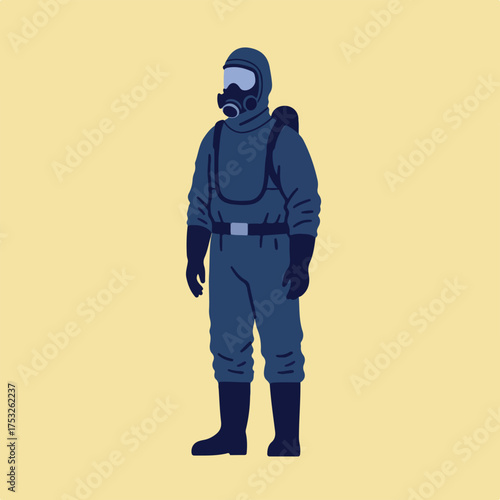 Figure in dark blue protective suit, with gas mask and backpack