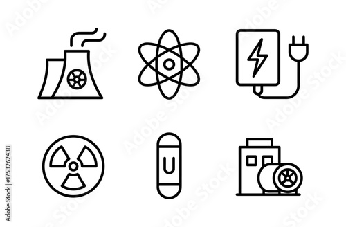 Nuclear energy icons: power plant, atom, radiation symbols in linear style